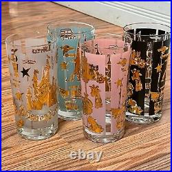 4 Vintage 1957 Walt Disney Disneyland Highball Glass Cups Drinking Glasses Gold