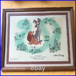 RARE Vintage Framed Lithograph Lady And The Tramp By Walt Disney