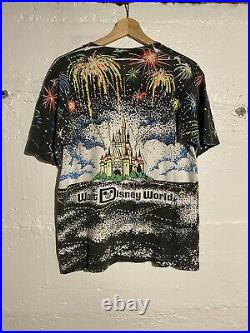 VTG 80s 90s Walt Disney World Fireworks Black Light All Over Print Shirt RARE