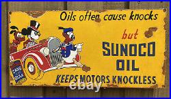 Vintage 1939 Sunoco Oil Porcelain Metal Sign Walt Disney Mickey Gas Petroliana