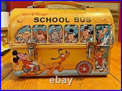 Vintage 1960's Walt Disney School Bus Tin Lunch Box + Thermos Metal lithograph