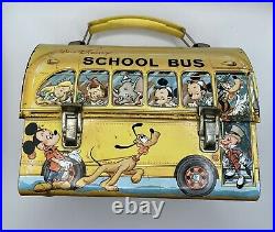 Vintage Antique Walt Disney School Bus Lunch Box with Mickey, Goofy + THERMOS