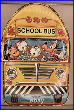 Vintage Antique Walt Disney School Bus Lunch Box with Mickey, Goofy + THERMOS