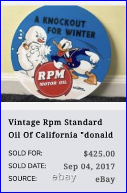 Vintage Donald Duck Standard RPM Gasoline 12 Metal Walt Disney Snowman Oil Sign