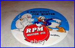 Vintage Donald Duck Standard RPM Gasoline 12 Metal Walt Disney Snowman Oil Sign