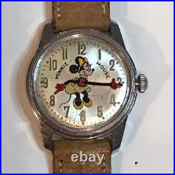 Vintage Helbros Walt Disney Watch Minnie Mouse Silver Tone Leather Disneyland