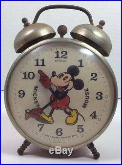 Vintage Mickey Mouse Alarm Clock Walt Disney Productions windup 2 bell RARE