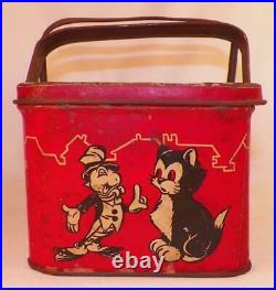 Vintage Pinocchio Tin Lunch Box Basket Walt Disney Productions WDP 1940 As Is