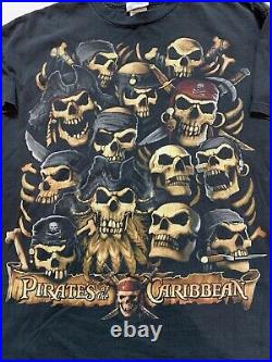 Vintage Pirates Of The Caribbean Walt Disney World Black Skull T Shirt Size XL