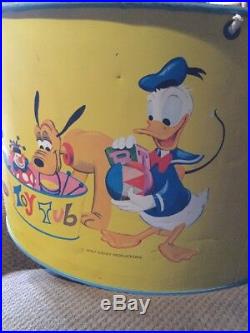 Vintage Walt Disney Productions Litho Picture Metal Toy Tub Mickey Minnie Pluto