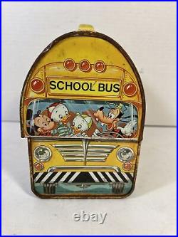 Vintage Walt Disney School Bus Metal Lunch Box Thermos Bottle Yellow Dome
