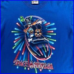Vintage Walt Disney Space Mountain T-Shirt Mickey Mouse Mens Size Large Blue