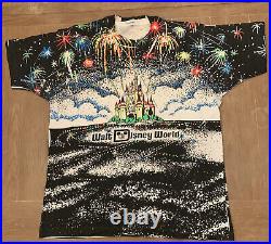 Vtg Disney Walt Disney World All Over Print Fireworks Castle T Shirt one Size