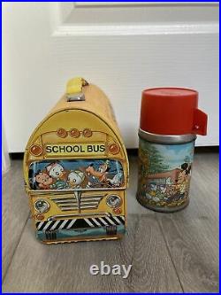 Walt Disney School Bus Workman Dome Lunch Box Vintage Metal W Thermos